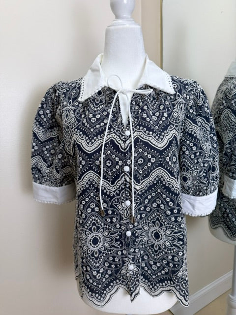Navy blue and white front button top