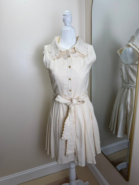 cream ruffle tie linen dress