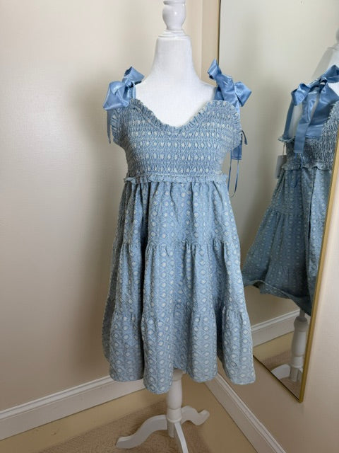 blue mini dress with ribbon ties