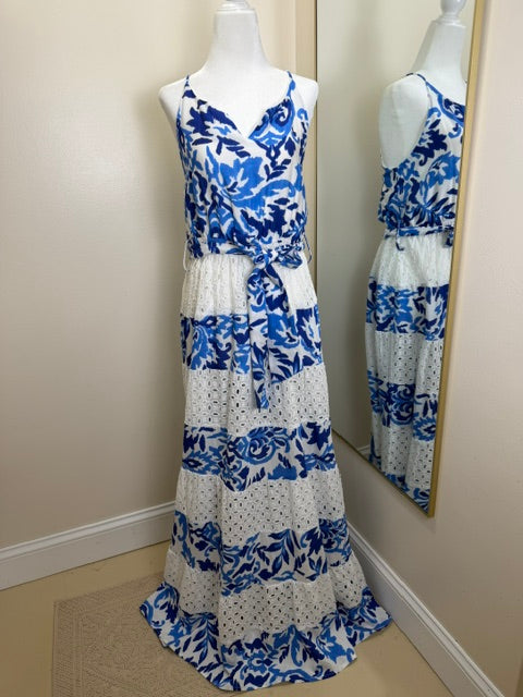 Blue and white eyelet floral maxi dress