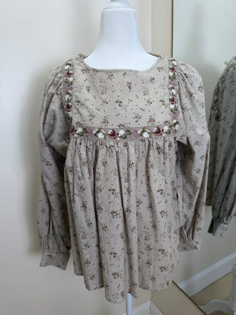 Taupe top with pink flowers