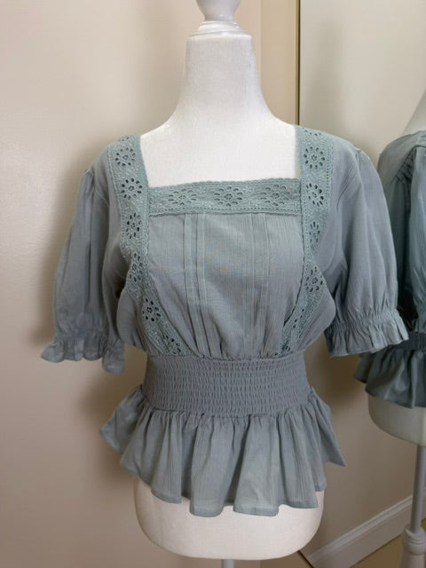 Dusty sage square neck puff sleeve blouse