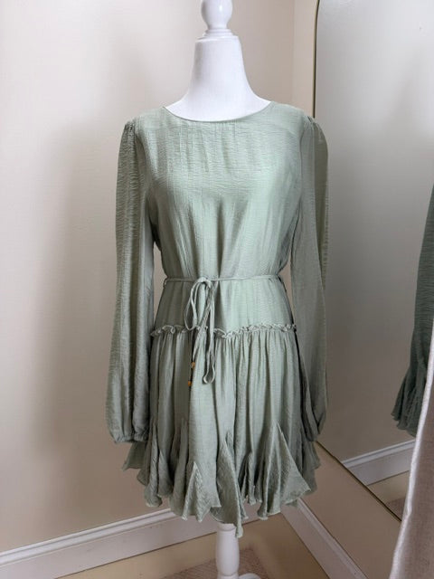 Sage green tie at the waist long sleeve mini dress