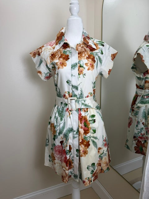 Floral button up belted mini dress