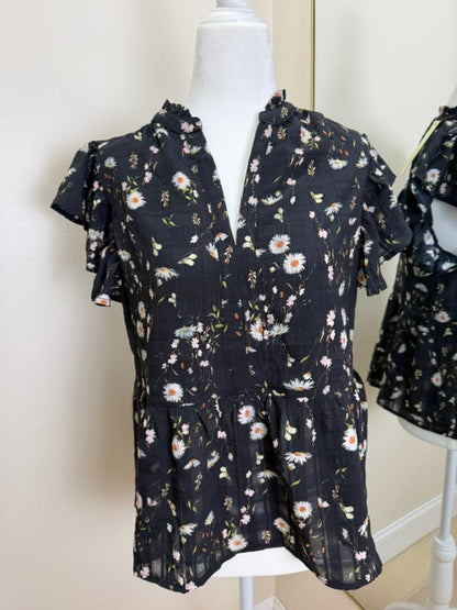 Black floral printed ruffle sleeve top