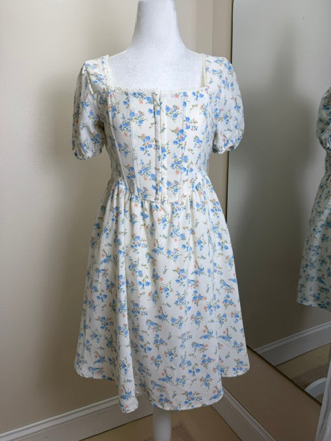 Blue, white and pink corset top floral mini dress